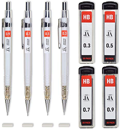 Drafting Pencil Set - Each Mechanical Pencil with Erasers - Mechanical Pencils in 0.3, 0.5, 0.7, 0.9 mm Thicknesses - With 30 Lead Refills for each Drawing Pencil