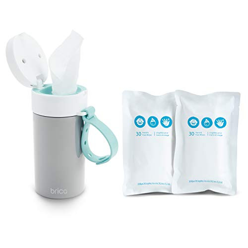 Brica Clean-to-Go Wipes Container Starter Pack, Includes 60 Unscented Hand  and  Face Baby Wipes, 99 percent Water Wipes with Chamomile  and  Aloe