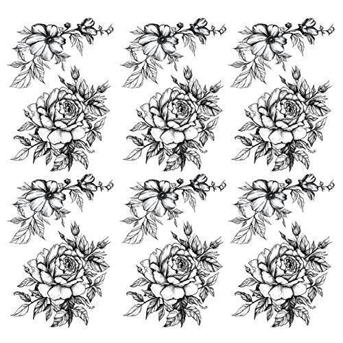 Leoars Black Rose Flower Tattoos, Large Sketch Flower Tattoo Stickers , Fake Rose Floral Arm Chest Shouder Temporary Tattoos for Women Girls Lady