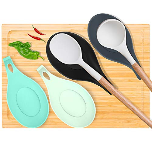 4 Pcs Mixed Color Utensil Rest for Kitchen, Flexible Silicone Spoon Rest, Kitchen Ladle Spoon Holder, Silicone Kitchen Utensil Rest, Nonstick Silicone Spoon Rest for Kitchen Counter