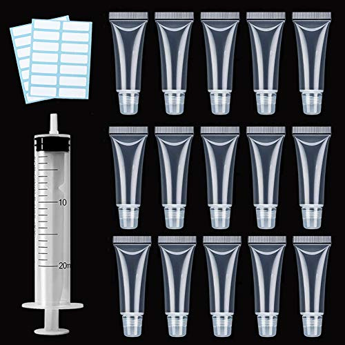15Pieces Lip Gloss Tubes 15ml Empty Lip Balm Containers Refillable Cosmetic Tubes Clear Lip Gloss Containers with Syringe Plus Lable Stickers for DIY Lip Gloss Balm