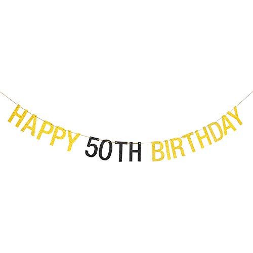 Halawawa Happy 50th Birthday Banner, 50th Birthday Party Decorations, Fifty Years Old Birthday Photo Props, Cheers to 50 Years Hanging Banner - Gold and Black