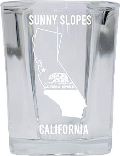 Sunny Slopes California Laser Etched Souvenir 2 Ounce Square Shot Glass State Flag Design