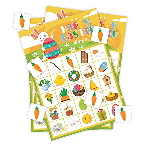 Easter Bingo Game, PERFQU Easter Bingo Cards for Kids with 24 Players Easter Party Supplies, Cute Spring Theme Easter Bingo Game Basket Filler Stuffers for Family Classroom Adult Kids Party Favors