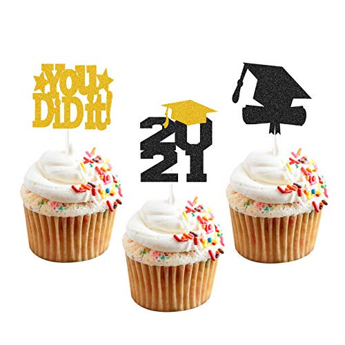 Glitter 2021 Graduation CupCake Toppers,You Did It Congrats Grad Party Cupcake Decor,Diploma class of 2020 Grad Party Decoartions 24pcs