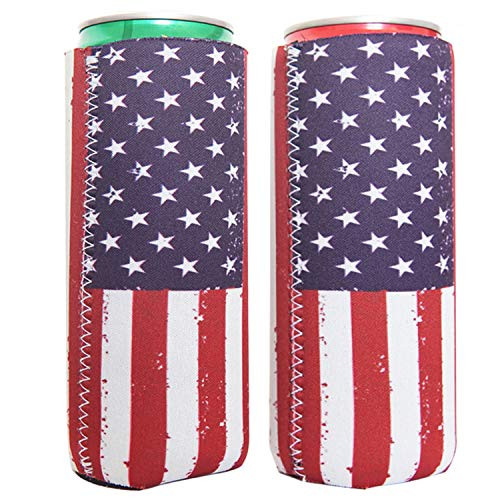 F-Five 2 Pack Slim Can Cooler Sleeves - Tall Stubby Holder Foldable Stubby Holders Beer Cooler Bags Fits 12oz Energy Drink  and  Beer Cans,RedBull,Michelob Ultra,Truly Red Bull,White Claw(Flag)