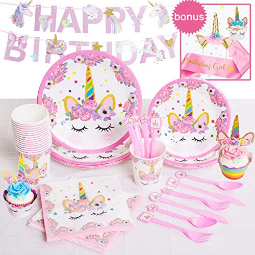Unicorn Party Supplies For Birthday - Set of 96 Including Cake Plates, Cups, Napkins, Tableware, Table Cover, Birthday Banner, Unicorn Headband and Pink Satin Sash