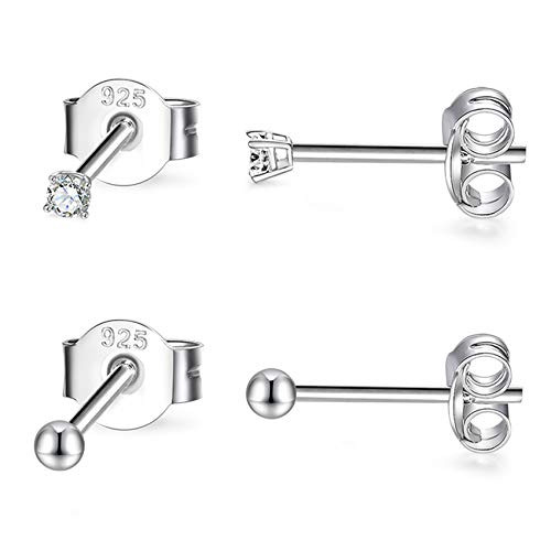 Sterling Silver Stud Earrings for Women- 2 Pairs of Small CZ Cubic Zirconia Earrings  and  Round Ball Stud Earrings Set 2mm Tiny Cartilage Tragus Earrings Sterling Silver Stud Earrings for Women- 2 Pairs of Small CZ Cubic Zirconia Earrings  and  Round Ball Stud Earrings Set 2mm Tiny Cartilage Tragus Earrings