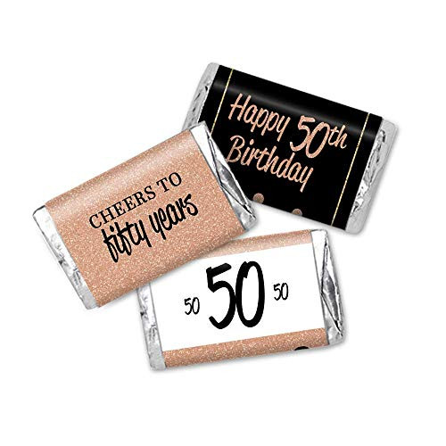 50th Birthday Favor Stickers, Miniatures Candy Bar Wrapper Labels, ROSE Gold Glitter and Black, 54 Total