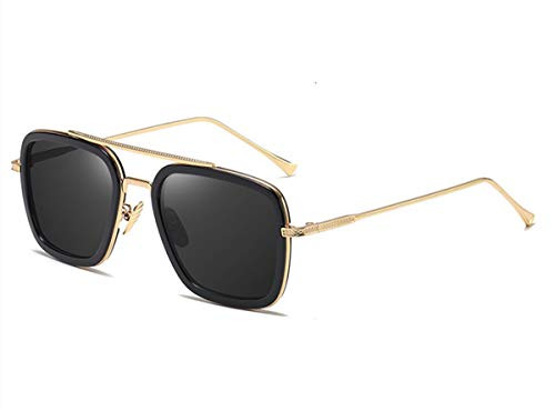 Retro Aviator Square Sunglasses for Men Women Metal Frame Gradient Flat Lens Tony Stark Sunglasses (Gold Frame/Black Lens)