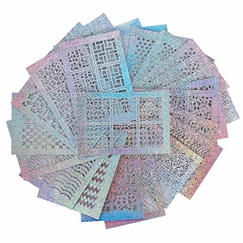 24 Sheets Nail Art Stamping Kit Plaid Hollow Irregular Grid Stencil Reusable Manicure Stickers Manicure Image Nail Templates Plates Print Tool Set (Silver)