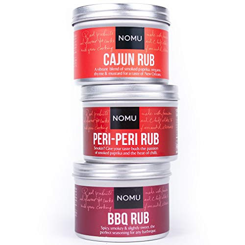 NOMU Rub Spicy Trio Set - BBQ, Peri-Peri and Cajun Seasonings (3-pack) - Premium Blends of Herbs and Spices - No MSG or Preservatives NOMU Rub Spicy Trio Set - BBQ, Peri-Peri and Cajun Seasonings (3-pack) - Premium Blends of Herbs and Spices - No MSG or Preservatives