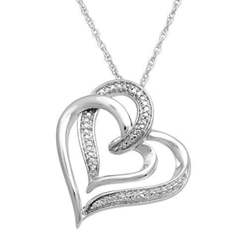 Jewelili sterling silver natural white round diamond heart shape pendant necklace, 18" rope chain