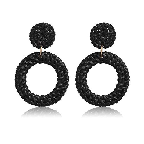 Woven Rattan Earrings Boho Colored Straw Wicker Braid Drop Dangle Earrings Handmade Circle Hoop Earrings Statement Stud Earrings For Women Girls (Black)