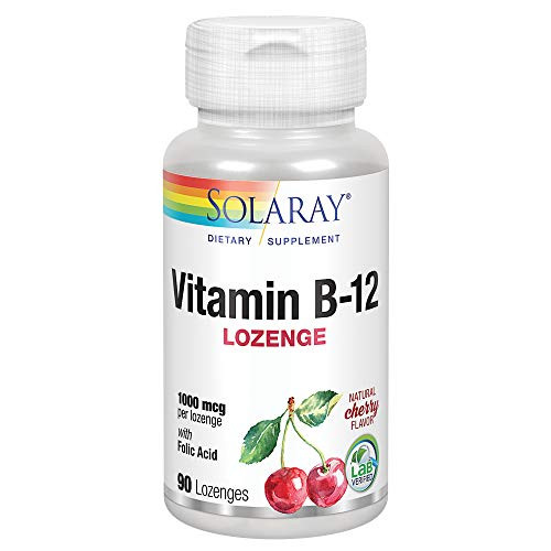 Solaray Vitamin B-12 1000mcg Lozenges with Folic Acid - Natural Cherry Flavor - Healthy Energy Support - 90CT