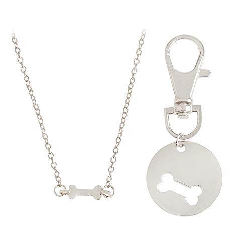 2pcs/set Dog Bone Charm Necklace Collar Matching Friendship Best Friend Keyring Jewelry Pet Jewelry Dog Lover Gift Set (Silver)