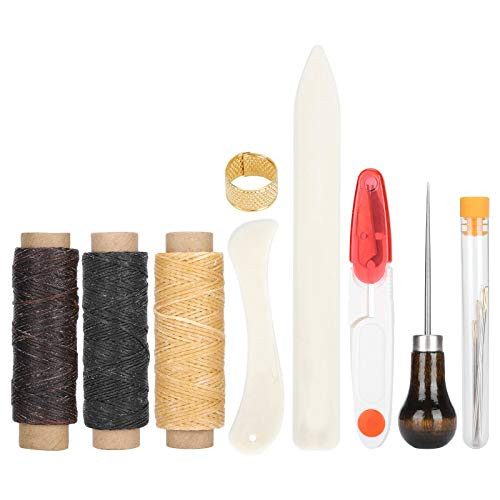 14Pcs Sewing Bookbinding Tools, Bone Folder Creaser Waxed Linen Thread Wood Handle Awl Large-Eye Needles for DIY Sewing Supplies