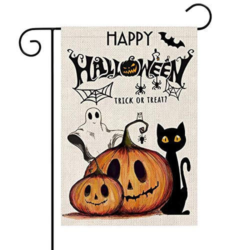 AKETCH Happy Halloween Garden Flag Pumpkin Ghost Cat Vertical Double Sided Farmhouse Burlap Yard Outdoor Decoration 12.5 x 18 Inches