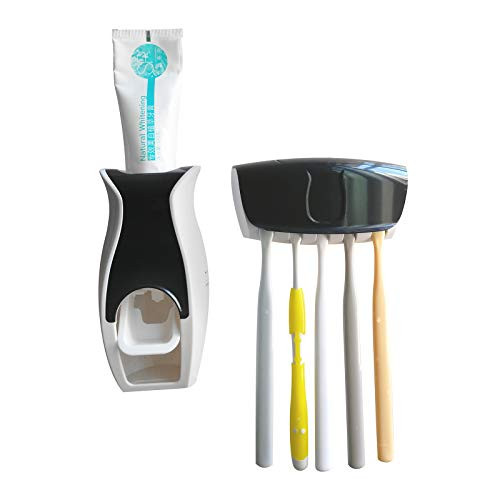 NKZ Toothpaste Dispenser Toothbrush Holder for Bathroom, Wall Mounted Automatic Toothpaste Squeezer and Tooth Holder White Black Bathroom Organizer Accessories Set