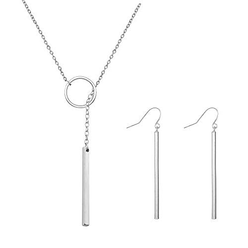 2Pcs Y Pendant Necklace Bar Earring Set Lariat Necklace Long Stick Drop Dangle Earring For Women (Silver circle set) 2Pcs Y Pendant Necklace Bar Earring Set Lariat Necklace Long Stick Drop Dangle Earring For Women (Silver circle set)