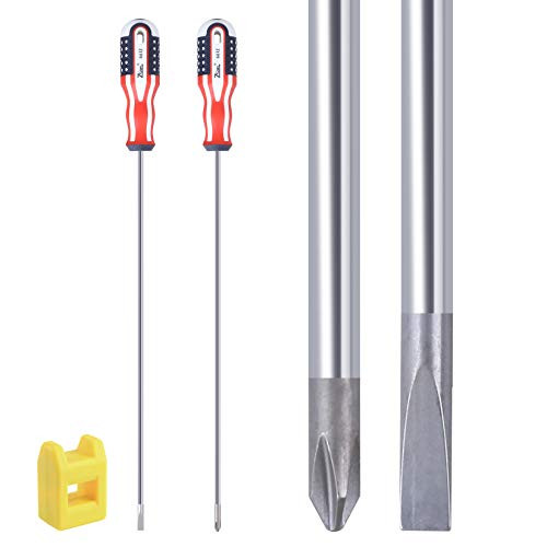uoboeuq Slotted and Phillips Screwdriver, PH1 12" Long Cross-head Screwdriver  and  Flat Blade Screwdriver, Magnetic Screwdriver with Rubber Handle 2 Packs
