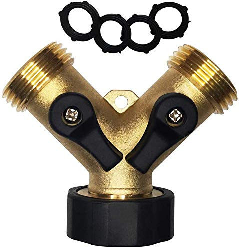 Garden Hose Splitter 2 Way Water Hose Connector Brass Hose Y Faucet Splitter Hose Valve Adapter Tap Splitter with 2 Extra Rubber Washers