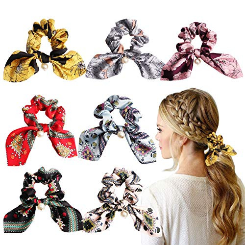 CIEOVO 7pcs Hair Scrunchies Elastic Hair Bands Chiffon Bowknot Pearls Hair Ties Scrunchies Ropes Ponytail Holder Rope Hair Accessories for Women
