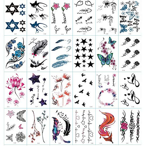 30 Sheets Small Temporary Tattoos Unisex by Yesallwas,Waterproof Long Lasting Fake Tattoos Stickers for for Kids Girls Teens Tattoos-Word,Heartbeat,Character,Symbol,Stars Tattoos (C)