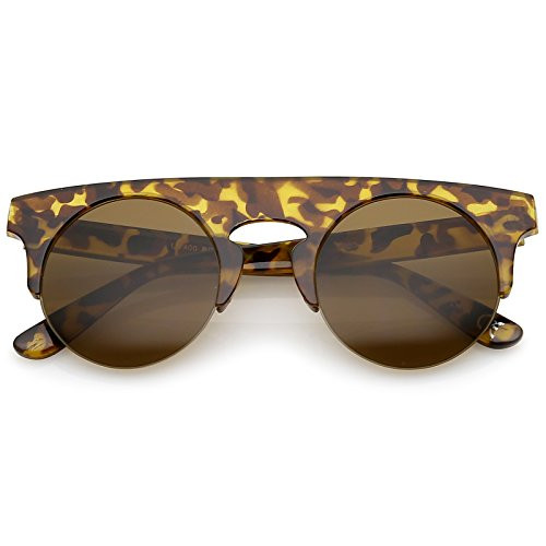 zeroUV - Modern Flat Top Horn Rimmed Round Flat Lens Semi Rimless Sunglasses 48mm (Tortoise/Brown) zeroUV - Modern Flat Top Horn Rimmed Round Flat Lens Semi Rimless Sunglasses 48mm (Tortoise/Brown)