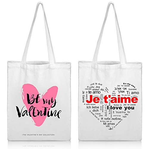 Xuniea 2 Pieces Valentine's Day Tote Bags Valentines Canvas Bags Reusable Canvas Tote Shoulder Bag Shopping Bag Handbag for Valentine's Day Party Grocery Shopping Market