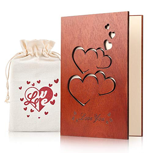 Giiffu Handmade Wooden Greeting Cards, Love You Card with Gift Bag and Gift Box Included, Anniversary, Gifts For Wife, Him, Or Her, Or Just Because (Style B)