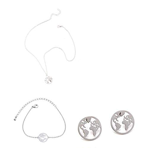 Vintage Round Origami World Map Necklace Bracelet Earrings Set Geometric Earth Globe Map Necklace Circle Pendants Choker Jewelry (silver)