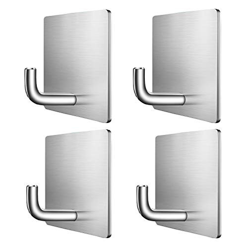 KoHuiJoo Adhesive Hooks, Self Adhesive Hooks Heavy Duty, Removable Wall Hooks Heavy Duty Stainless Steel Towel Coats Clothes Hooks for Hanging Home Office Towel Kitchen Bathroom and Bags 4 Pack
