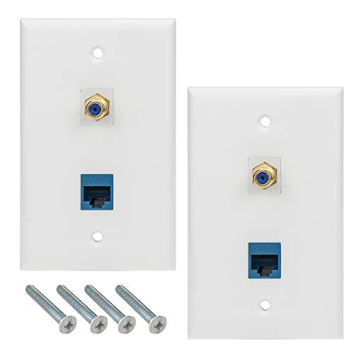 Ethernet Coax Wall Plates, 2 Pack Cat6 RJ45 Coax Wall Plate 1 Ethernet Port and 1 Gold-Plated TV Coax F Type Port RFAdapter for Satellite and TV, White