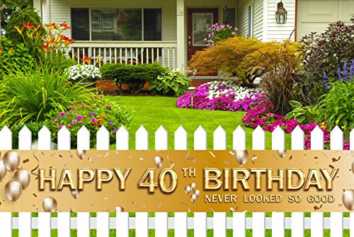 Large 40th Birthday Party Banner, 40th Birthday Party Supplies Decorations for Both Outdoor Indoor (9.8 x 1.6ft) (Gold)