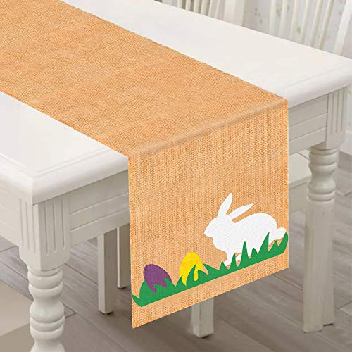 Comken Easter Table Runner with Bunny and Easter Eggs, 13 X 72 Inch Jute/Burlap Table Runner for Easter Table Decorations Farmhouse Kitchen and Dining Room Easter Party Supplies Daily Use Home Decor