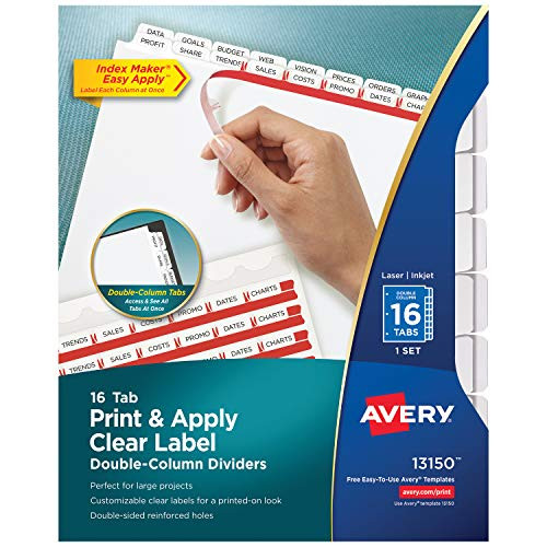 Avery Index Maker Double-Column Clear Label Dividers, 16 Tabs per Set, 1 Set per Pack (13150)