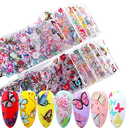 10 Sheets Butterfly Nail Art Foil Transfer Decals Flower Nail Foil Adhesive Stickers Starry Sky Manicure Transfer Tips Nail Art DIY Decoration Kit