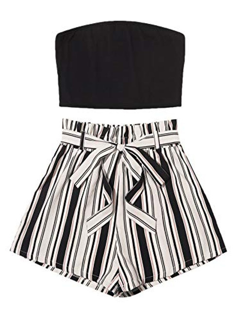 MakeMeChic Women's Solid Tube Crop Top  and  Striped Paperbag Waist Shorts 2 Piece Romper Set Multi-5 L