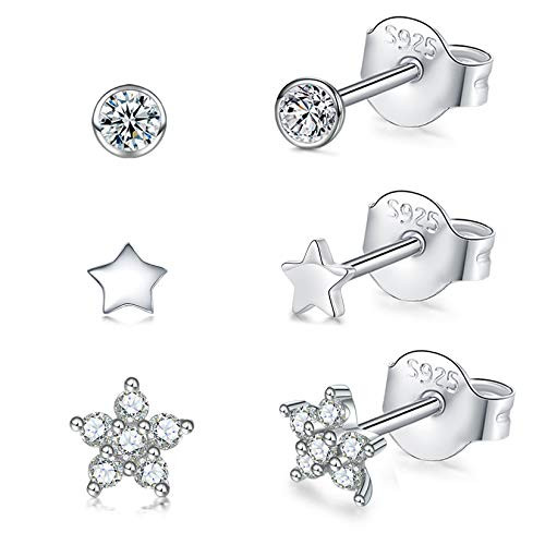 Sterling Silver Stud Earrings Set for Women 14K White Gold Plated, 3 Pairs Tiny Round Cubic Zirconia Stud Earrings - Small Star Helix Earrings Dainty Flower Tragus Cartilage Studs Jewelry for Girls