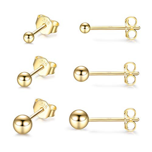 Sterling Silver Stud Earrings for Women Girls- 3 Pairs Tiny Ball Stud Earrings Round CZ Cubic Zirconia Earrings Set Cartilage Small Tragus Earrings(2mm,3mm,4mm) (Ball earrings(2mm,3mm,4mm)-Gold)