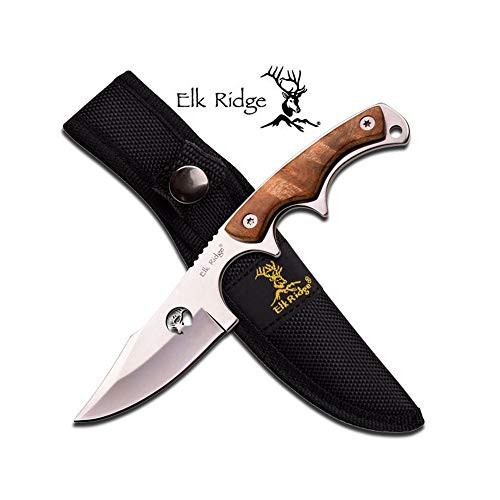 Elk Ridge - Outdoors Fixed Blade Knife - 6.75-in Overall, Mirror Finished Stainless Steel Blade, Burl Wood Handle - Full Tang Construction, 1680D Nylon Sheath - Hunting, Camping, Survival - ER-534 Elk Ridge - Outdoors Fixed Blade Knife - 6.75-in Overall, Mirror Finished Stainless Steel Blade, Burl Wood Handle - Full Tang Construction, 1680D Nylon Sheath - Hunting, Camping, Survival - ER-534