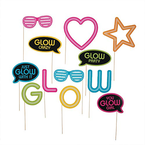 Fun Express Neon Glow Party Photo Booth Props - 12 Pieces - Glow and Dance Party Decor and Supplies