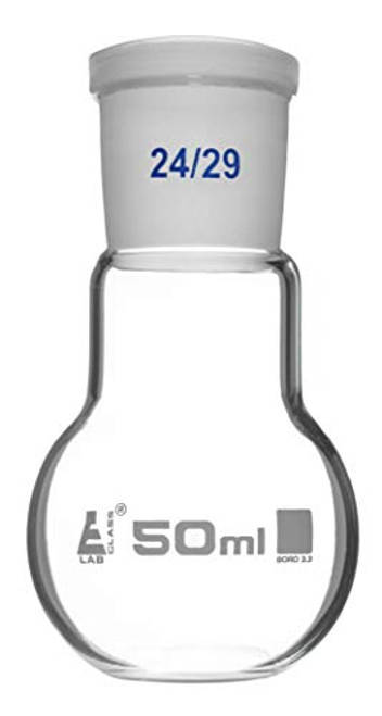 Florence Boiling Flask, 50ml - 24/29 Joint, Interchangeable - Borosilicate Glass - Flat Bottom, Short Neck - Eisco Labs