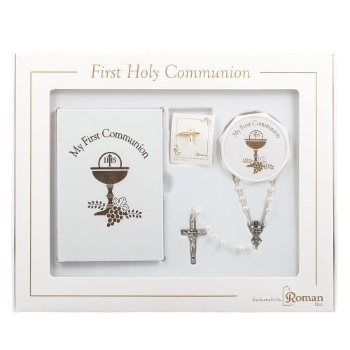 First Holy Communion Gift Set for Girl with Common Prayers Book, Rosary, Box and Pin First Holy Communion Gift Set for Girl with Common Prayers Book, Rosary, Box and Pin