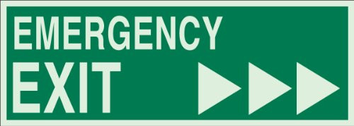 Brady 90923 Glow-In-The-Dark Plastic Glow-In-The-Dark Exit  and  Directional Sign, 5" X 14", Legend "Emergency Exit (3 Right Arrows)"