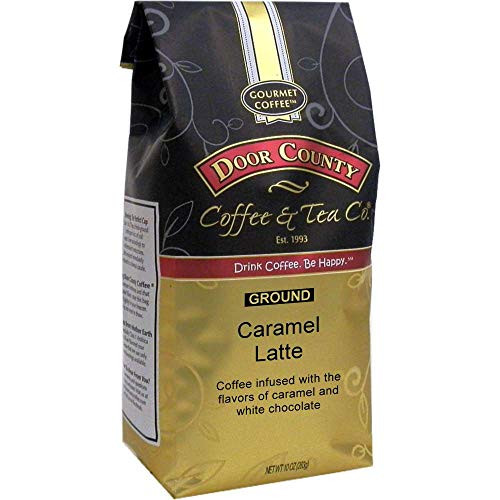 Door County Coffee, Caramel Latte, Caramel  and  White Chocolate Flavored Coffee, Medium Roast, Ground Coffee, 10 oz Bag