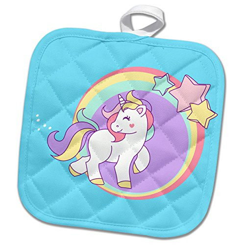 3D Rose Prancing Pastel Unicorn with Circles and Stars Pot Holder, 8 x 8