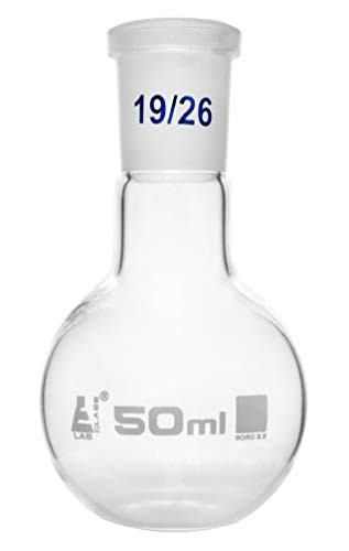 Florence Boiling Flask, 50ml - 19/26 Joint, Interchangeable - Borosilicate Glass - Flat Bottom, Short Neck - Eisco Labs