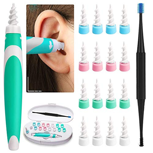 Ear Wax Remover, Earwax Remover Tool, Ear Wax Cleaner, Soft Silicone Spiral Earwax Remover Tool Kit, 16 Replacement Heads, q-tip Replacement